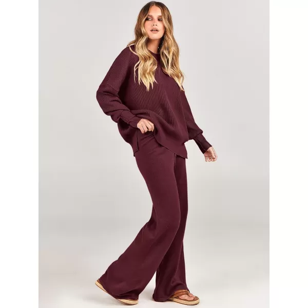imageANRABESS Women 2 Piece Outfits Sweatsuit Oversized Sweater Set amp Wide Leg Pants Fall Chunky Lounge SetBurgundy