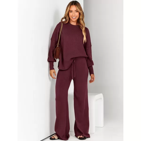 imageANRABESS Women 2 Piece Outfits Sweatsuit Oversized Sweater Set amp Wide Leg Pants Fall Chunky Lounge SetBurgundy