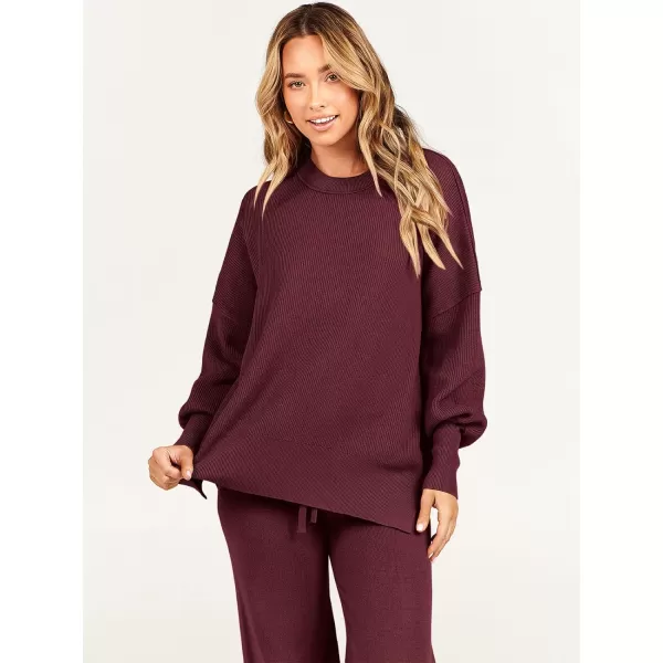 imageANRABESS Women 2 Piece Outfits Sweatsuit Oversized Sweater Set amp Wide Leg Pants Fall Chunky Lounge SetBurgundy