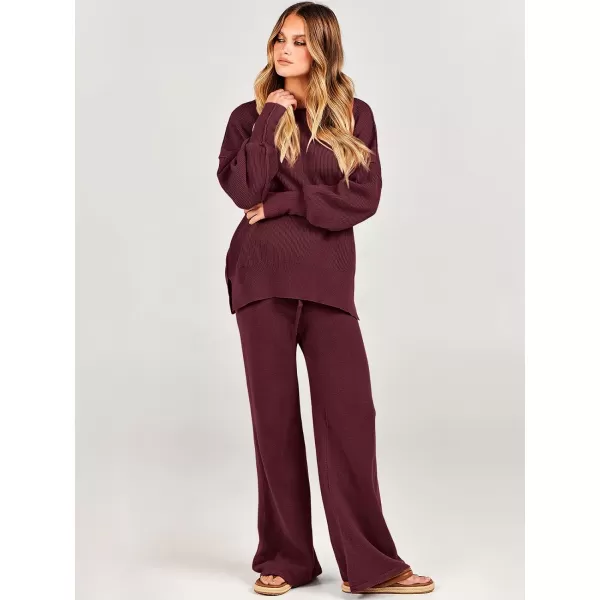 imageANRABESS Women 2 Piece Outfits Sweatsuit Oversized Sweater Set amp Wide Leg Pants Fall Chunky Lounge SetBurgundy