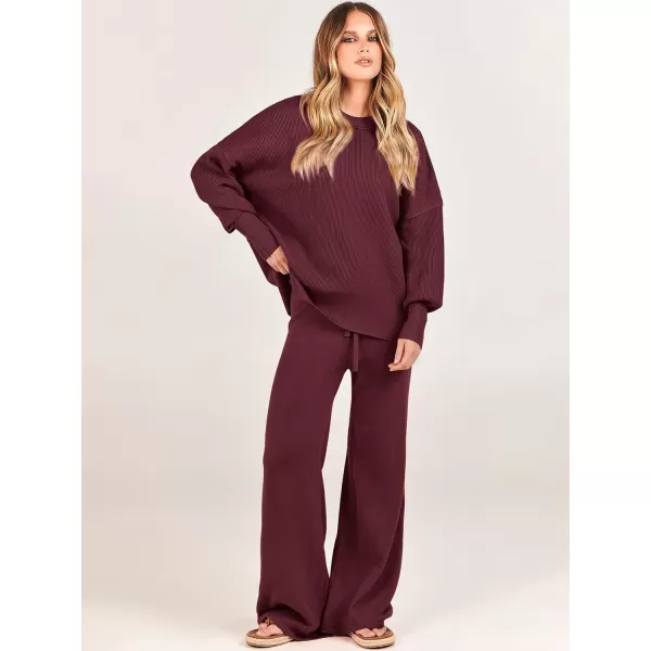 imageANRABESS Women 2 Piece Outfits Sweatsuit Oversized Sweater Set amp Wide Leg Pants Fall Chunky Lounge SetBurgundy