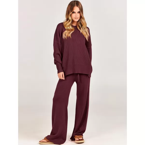imageANRABESS Women 2 Piece Outfits Sweatsuit Oversized Sweater Set amp Wide Leg Pants Fall Chunky Lounge SetBurgundy