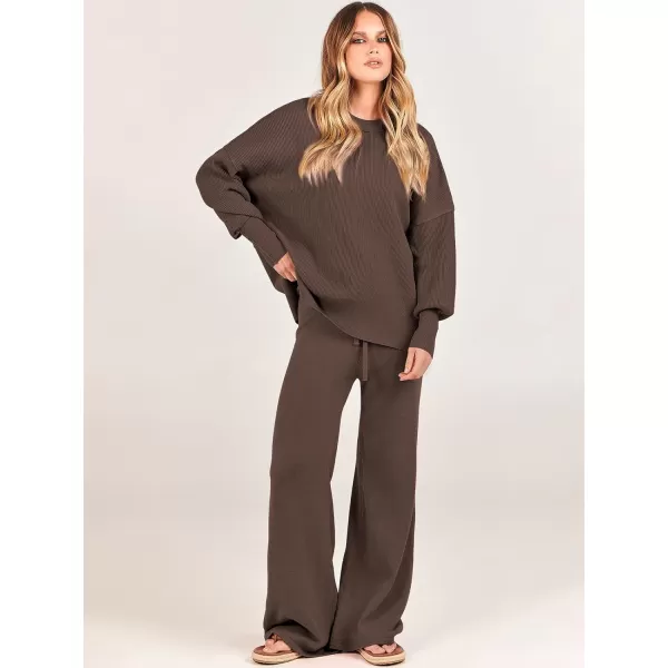 imageANRABESS Women 2 Piece Outfits Sweatsuit Oversized Sweater Set amp Wide Leg Pants Fall Chunky Lounge SetCoffee