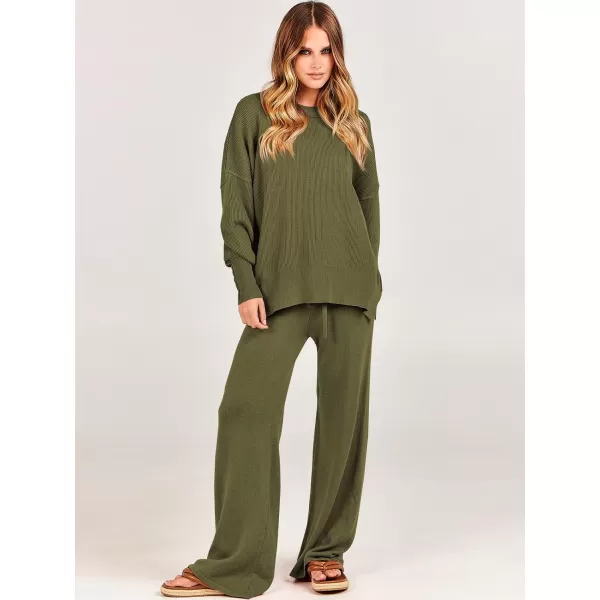 imageANRABESS Women 2 Piece Outfits Sweatsuit Oversized Sweater Set amp Wide Leg Pants Fall Chunky Lounge SetOlive