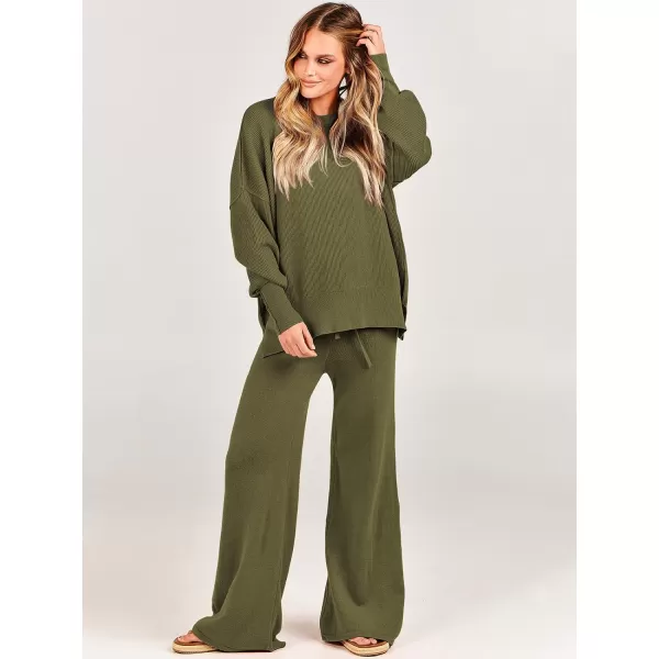 imageANRABESS Women 2 Piece Outfits Sweatsuit Oversized Sweater Set amp Wide Leg Pants Fall Chunky Lounge SetOlive