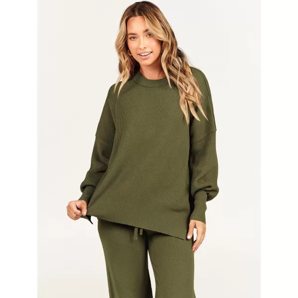 imageANRABESS Women 2 Piece Outfits Sweatsuit Oversized Sweater Set amp Wide Leg Pants Fall Chunky Lounge SetOlive