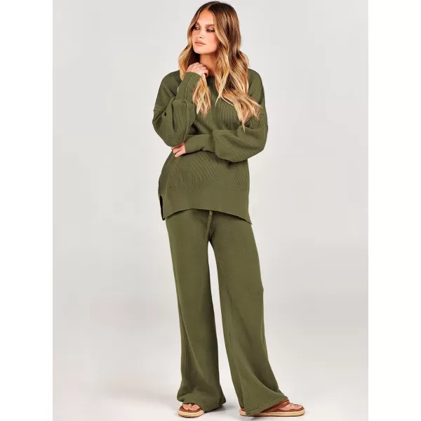 imageANRABESS Women 2 Piece Outfits Sweatsuit Oversized Sweater Set amp Wide Leg Pants Fall Chunky Lounge SetOlive