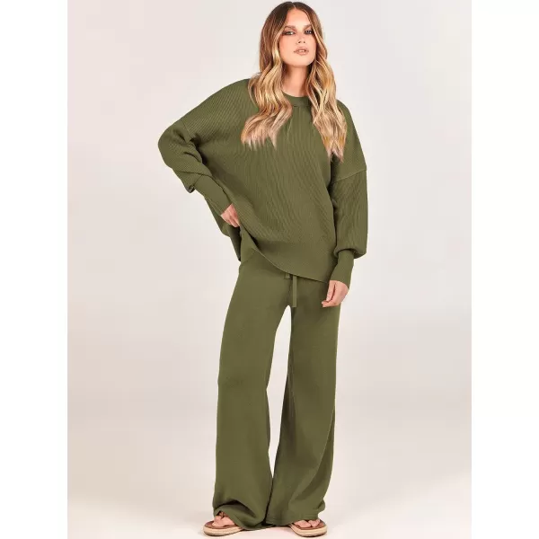 imageANRABESS Women 2 Piece Outfits Sweatsuit Oversized Sweater Set amp Wide Leg Pants Fall Chunky Lounge SetOlive