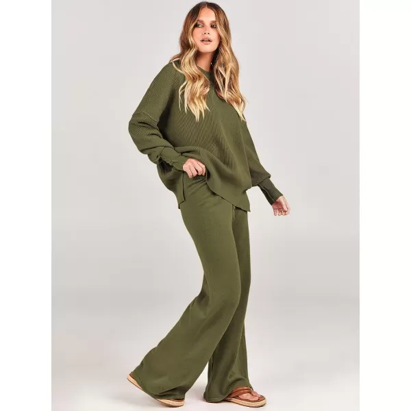 imageANRABESS Women 2 Piece Outfits Sweatsuit Oversized Sweater Set amp Wide Leg Pants Fall Chunky Lounge SetOlive