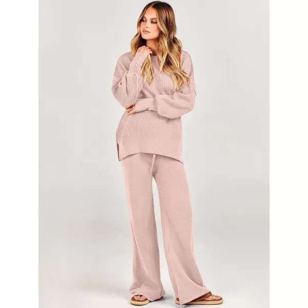imageANRABESS Women 2 Piece Outfits Sweatsuit Oversized Sweater Set amp Wide Leg Pants Fall Chunky Lounge SetPink