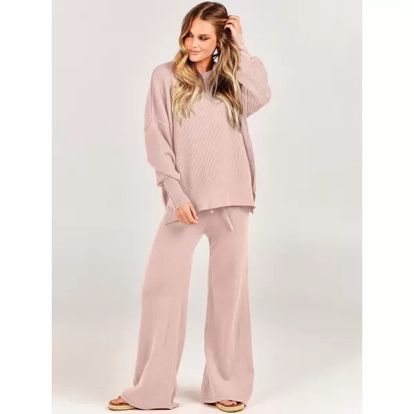 imageANRABESS Women 2 Piece Outfits Sweatsuit Oversized Sweater Set amp Wide Leg Pants Fall Chunky Lounge SetPink