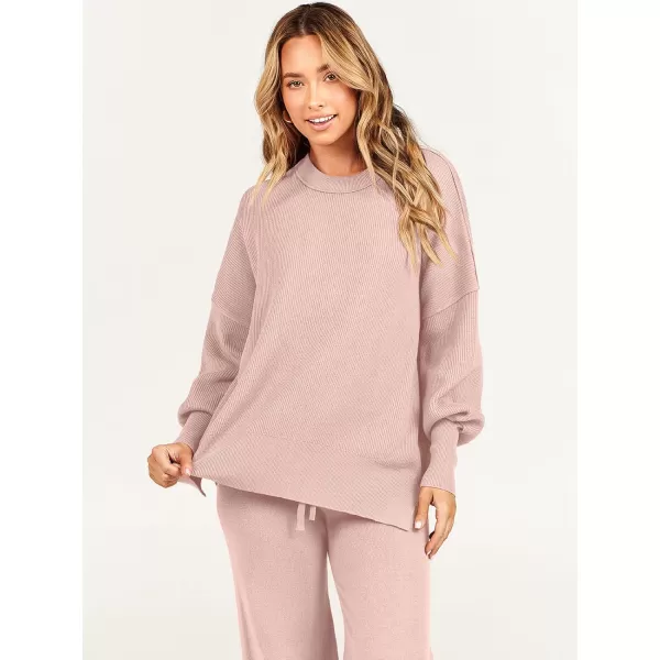 imageANRABESS Women 2 Piece Outfits Sweatsuit Oversized Sweater Set amp Wide Leg Pants Fall Chunky Lounge SetPink