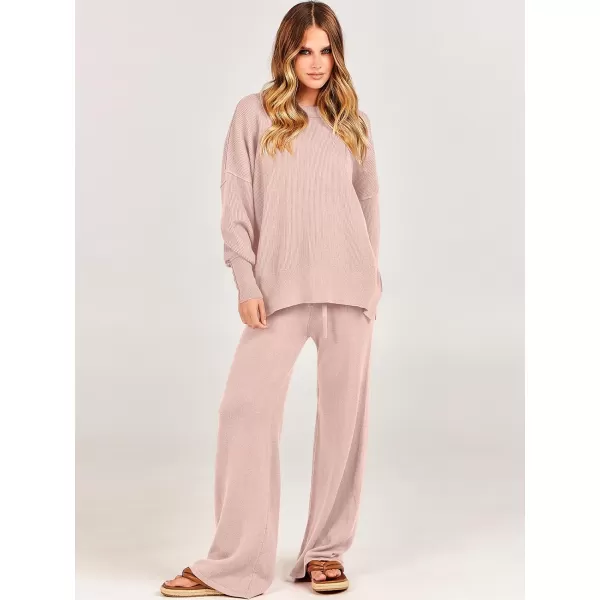 imageANRABESS Women 2 Piece Outfits Sweatsuit Oversized Sweater Set amp Wide Leg Pants Fall Chunky Lounge SetPink