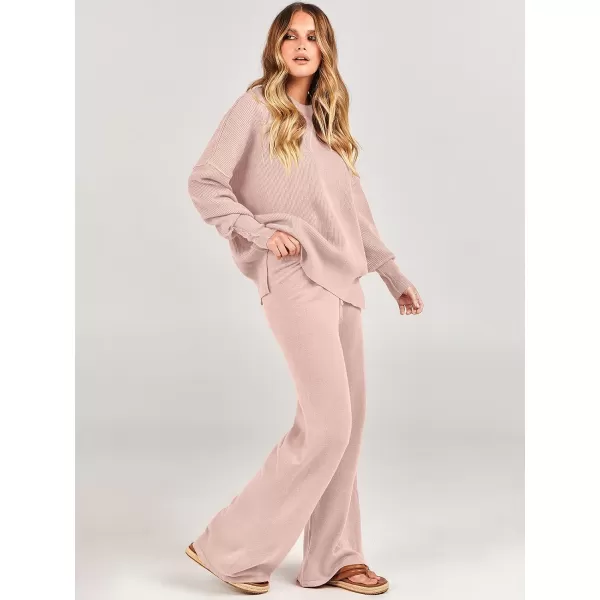 imageANRABESS Women 2 Piece Outfits Sweatsuit Oversized Sweater Set amp Wide Leg Pants Fall Chunky Lounge SetPink