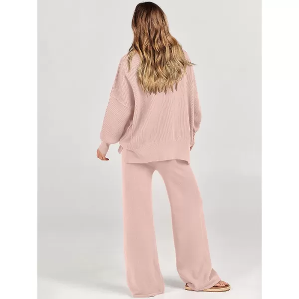 imageANRABESS Women 2 Piece Outfits Sweatsuit Oversized Sweater Set amp Wide Leg Pants Fall Chunky Lounge SetPink
