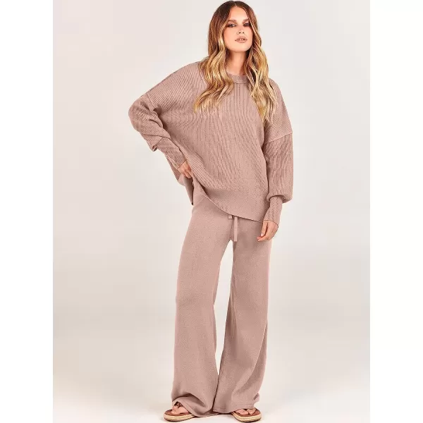 imageANRABESS Women 2 Piece Outfits Sweatsuit Oversized Sweater Set amp Wide Leg Pants Fall Chunky Lounge SetPink Apricot