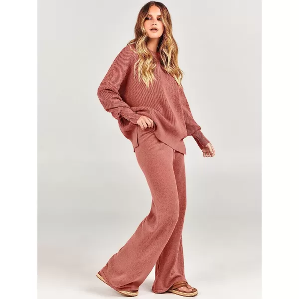 imageANRABESS Women 2 Piece Outfits Sweatsuit Oversized Sweater Set amp Wide Leg Pants Fall Chunky Lounge SetRust