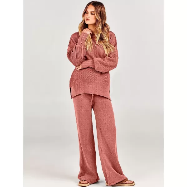 imageANRABESS Women 2 Piece Outfits Sweatsuit Oversized Sweater Set amp Wide Leg Pants Fall Chunky Lounge SetRust