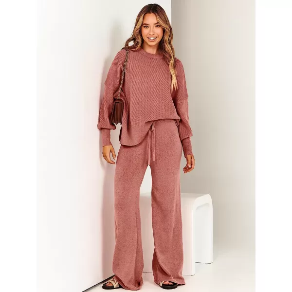 imageANRABESS Women 2 Piece Outfits Sweatsuit Oversized Sweater Set amp Wide Leg Pants Fall Chunky Lounge SetRust