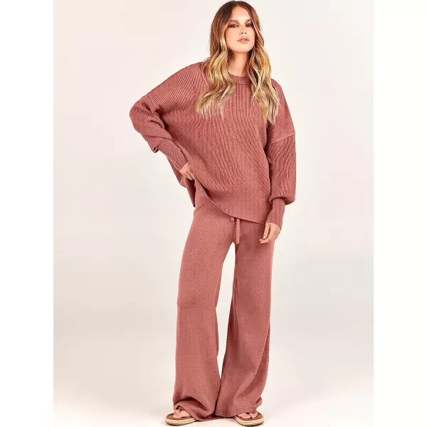 imageANRABESS Women 2 Piece Outfits Sweatsuit Oversized Sweater Set amp Wide Leg Pants Fall Chunky Lounge SetRust