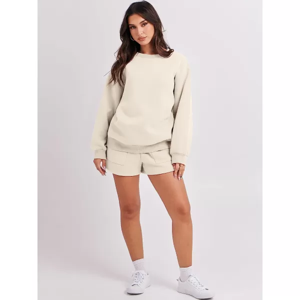 imageANRABESS Women 2 Piece Outfits Sweatsuit Oversized Sweatshirt amp Lounge Shorts 2023 Casual Cozy Pajamas Tacksuit SetBeige
