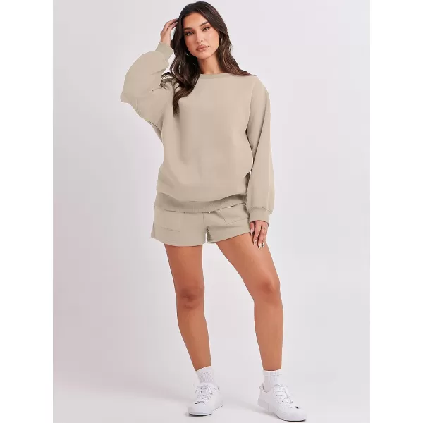 imageANRABESS Women 2 Piece Outfits Sweatsuit Oversized Sweatshirt amp Lounge Shorts 2023 Casual Cozy Pajamas Tracksuit SetDeep Khaki