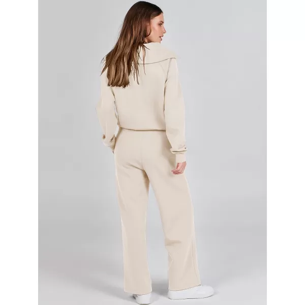 imageANRABESS Women 2 Piece Outfits Sweatsuit Set 2023 Fall Oversized Half Zip Sweatshirt Wide Leg Sweatpant Lounge Set TracksuitApricot