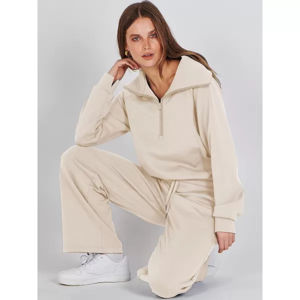imageANRABESS Women 2 Piece Outfits Sweatsuit Set 2023 Fall Oversized Half Zip Sweatshirt Wide Leg Sweatpant Lounge Set TracksuitApricot