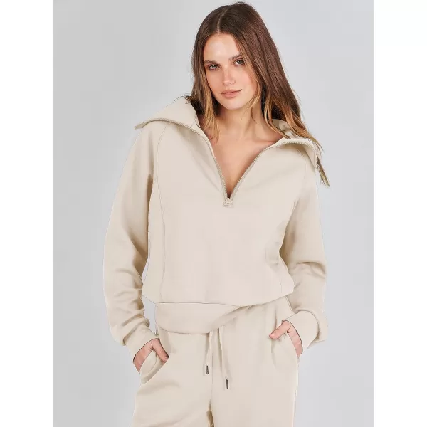 imageANRABESS Women 2 Piece Outfits Sweatsuit Set 2023 Fall Oversized Half Zip Sweatshirt Wide Leg Sweatpant Lounge Set TracksuitApricot