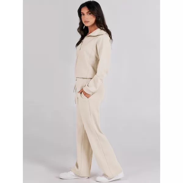 imageANRABESS Women 2 Piece Outfits Sweatsuit Set 2023 Fall Oversized Half Zip Sweatshirt Wide Leg Sweatpant Lounge Set TracksuitApricot