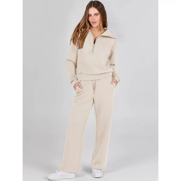 imageANRABESS Women 2 Piece Outfits Sweatsuit Set 2023 Fall Oversized Half Zip Sweatshirt Wide Leg Sweatpant Lounge Set TracksuitApricot