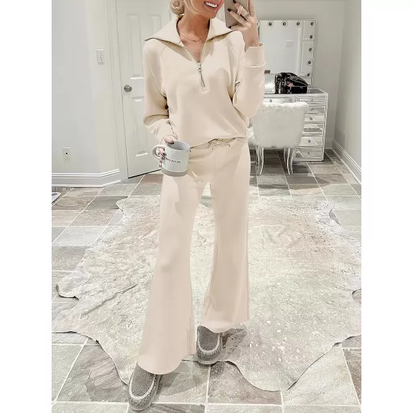 imageANRABESS Women 2 Piece Outfits Sweatsuit Set 2023 Fall Oversized Half Zip Sweatshirt Wide Leg Sweatpant Lounge Set TracksuitApricot