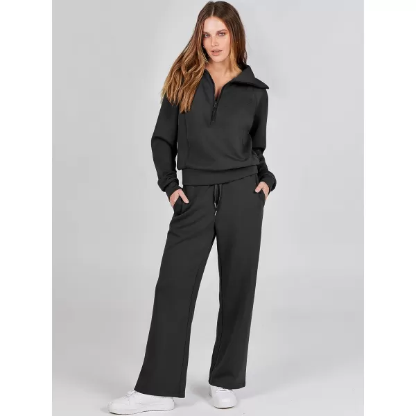 imageANRABESS Women 2 Piece Outfits Sweatsuit Set 2023 Fall Oversized Half Zip Sweatshirt Wide Leg Sweatpant Lounge Set TracksuitBlack