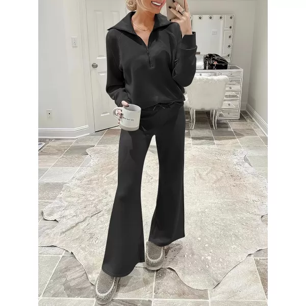 imageANRABESS Women 2 Piece Outfits Sweatsuit Set 2023 Fall Oversized Half Zip Sweatshirt Wide Leg Sweatpant Lounge Set TracksuitBlack