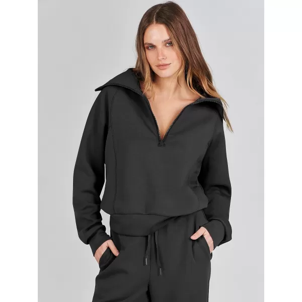 imageANRABESS Women 2 Piece Outfits Sweatsuit Set 2023 Fall Oversized Half Zip Sweatshirt Wide Leg Sweatpant Lounge Set TracksuitBlack