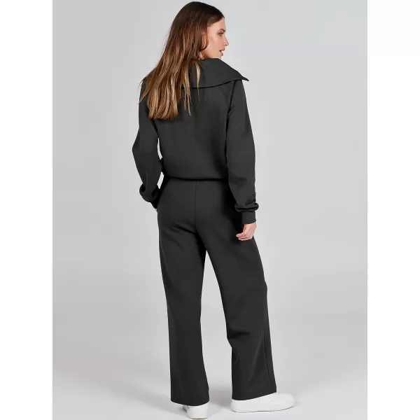 imageANRABESS Women 2 Piece Outfits Sweatsuit Set 2023 Fall Oversized Half Zip Sweatshirt Wide Leg Sweatpant Lounge Set TracksuitBlack
