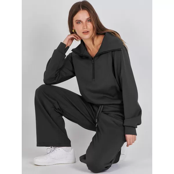 imageANRABESS Women 2 Piece Outfits Sweatsuit Set 2023 Fall Oversized Half Zip Sweatshirt Wide Leg Sweatpant Lounge Set TracksuitBlack