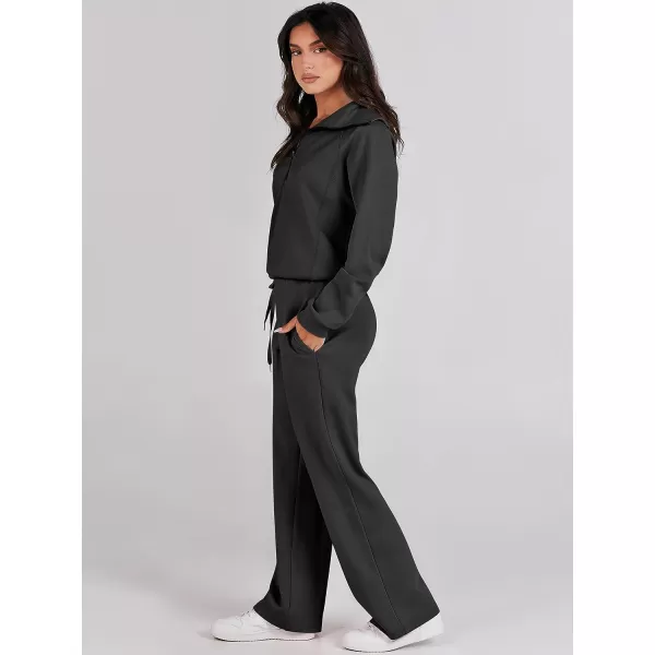 imageANRABESS Women 2 Piece Outfits Sweatsuit Set 2023 Fall Oversized Half Zip Sweatshirt Wide Leg Sweatpant Lounge Set TracksuitBlack