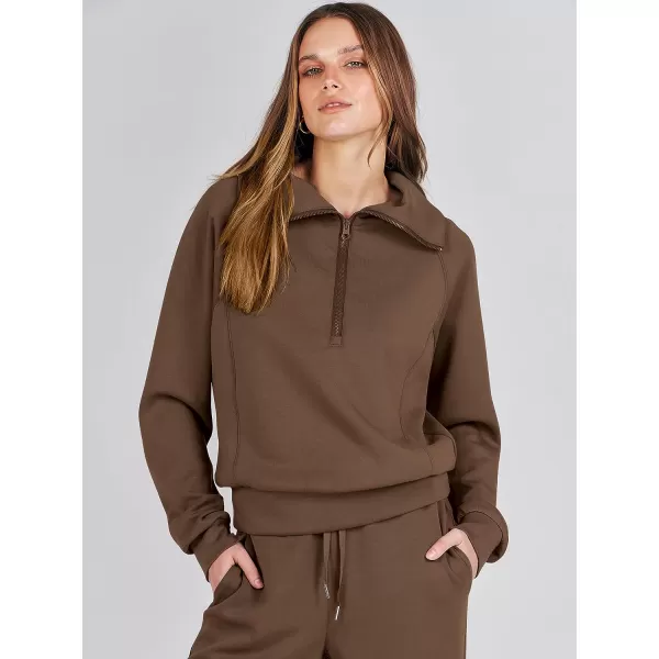 imageANRABESS Women 2 Piece Outfits Sweatsuit Set 2023 Fall Oversized Half Zip Sweatshirt Wide Leg Sweatpant Lounge Set TracksuitBrown
