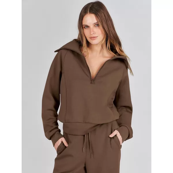 imageANRABESS Women 2 Piece Outfits Sweatsuit Set 2023 Fall Oversized Half Zip Sweatshirt Wide Leg Sweatpant Lounge Set TracksuitBrown