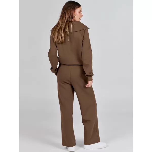 imageANRABESS Women 2 Piece Outfits Sweatsuit Set 2023 Fall Oversized Half Zip Sweatshirt Wide Leg Sweatpant Lounge Set TracksuitBrown
