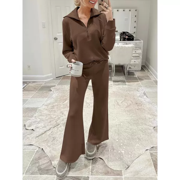 imageANRABESS Women 2 Piece Outfits Sweatsuit Set 2023 Fall Oversized Half Zip Sweatshirt Wide Leg Sweatpant Lounge Set TracksuitBrown