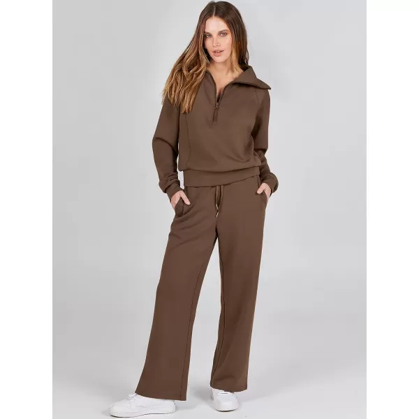 imageANRABESS Women 2 Piece Outfits Sweatsuit Set 2023 Fall Oversized Half Zip Sweatshirt Wide Leg Sweatpant Lounge Set TracksuitBrown