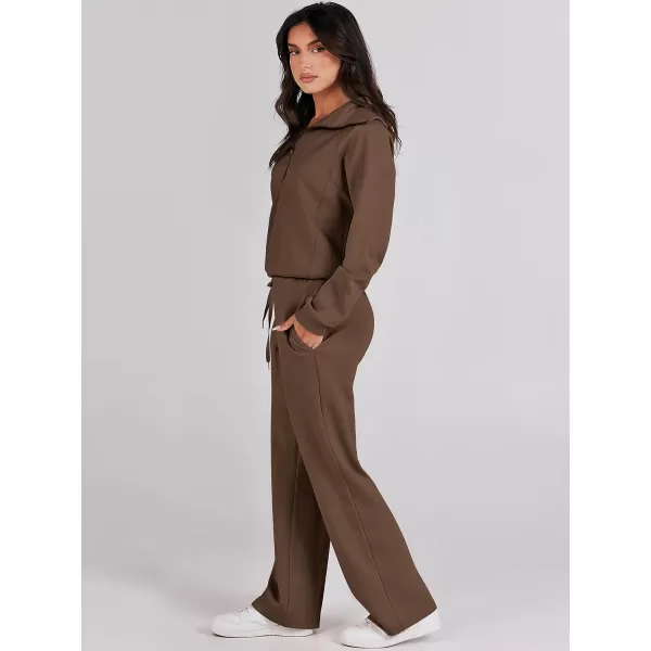 imageANRABESS Women 2 Piece Outfits Sweatsuit Set 2023 Fall Oversized Half Zip Sweatshirt Wide Leg Sweatpant Lounge Set TracksuitBrown