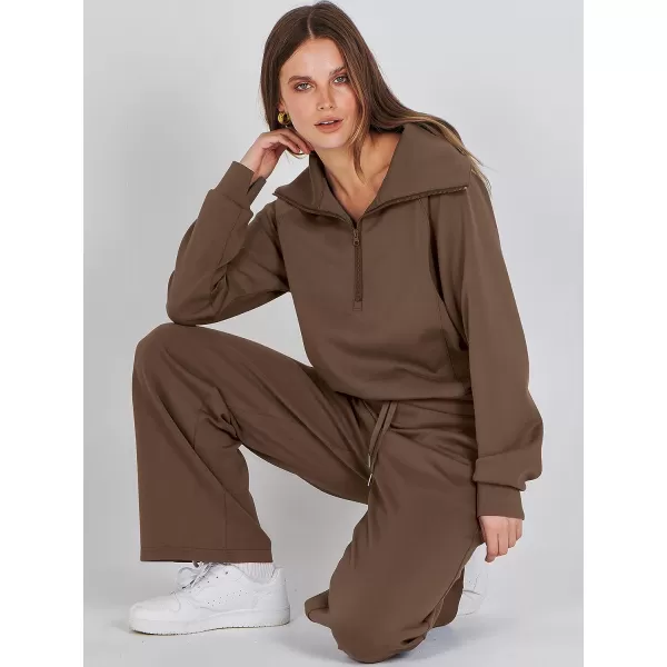 imageANRABESS Women 2 Piece Outfits Sweatsuit Set 2023 Fall Oversized Half Zip Sweatshirt Wide Leg Sweatpant Lounge Set TracksuitBrown