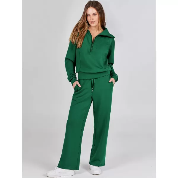 imageANRABESS Women 2 Piece Outfits Sweatsuit Set 2023 Fall Oversized Half Zip Sweatshirt Wide Leg Sweatpant Lounge Set TracksuitGreen