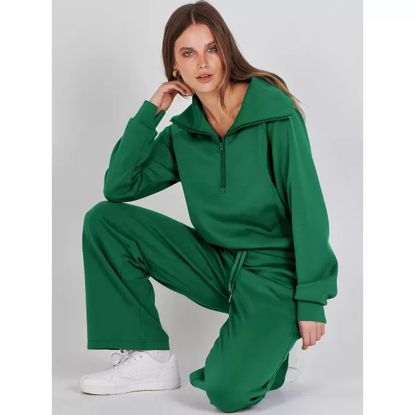 imageANRABESS Women 2 Piece Outfits Sweatsuit Set 2023 Fall Oversized Half Zip Sweatshirt Wide Leg Sweatpant Lounge Set TracksuitGreen