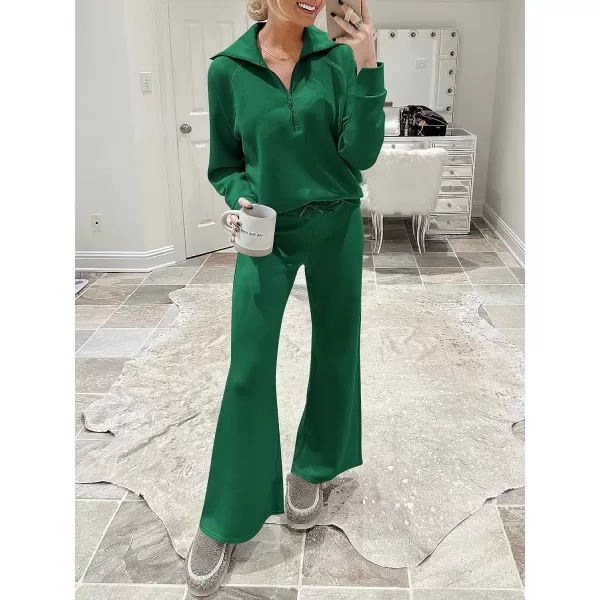 imageANRABESS Women 2 Piece Outfits Sweatsuit Set 2023 Fall Oversized Half Zip Sweatshirt Wide Leg Sweatpant Lounge Set TracksuitGreen