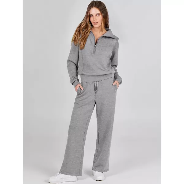imageANRABESS Women 2 Piece Outfits Sweatsuit Set 2023 Fall Oversized Half Zip Sweatshirt Wide Leg Sweatpant Lounge Set TracksuitGrey