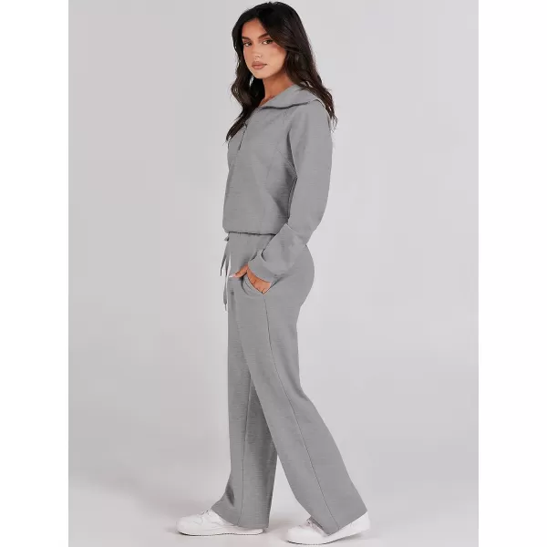 imageANRABESS Women 2 Piece Outfits Sweatsuit Set 2023 Fall Oversized Half Zip Sweatshirt Wide Leg Sweatpant Lounge Set TracksuitGrey